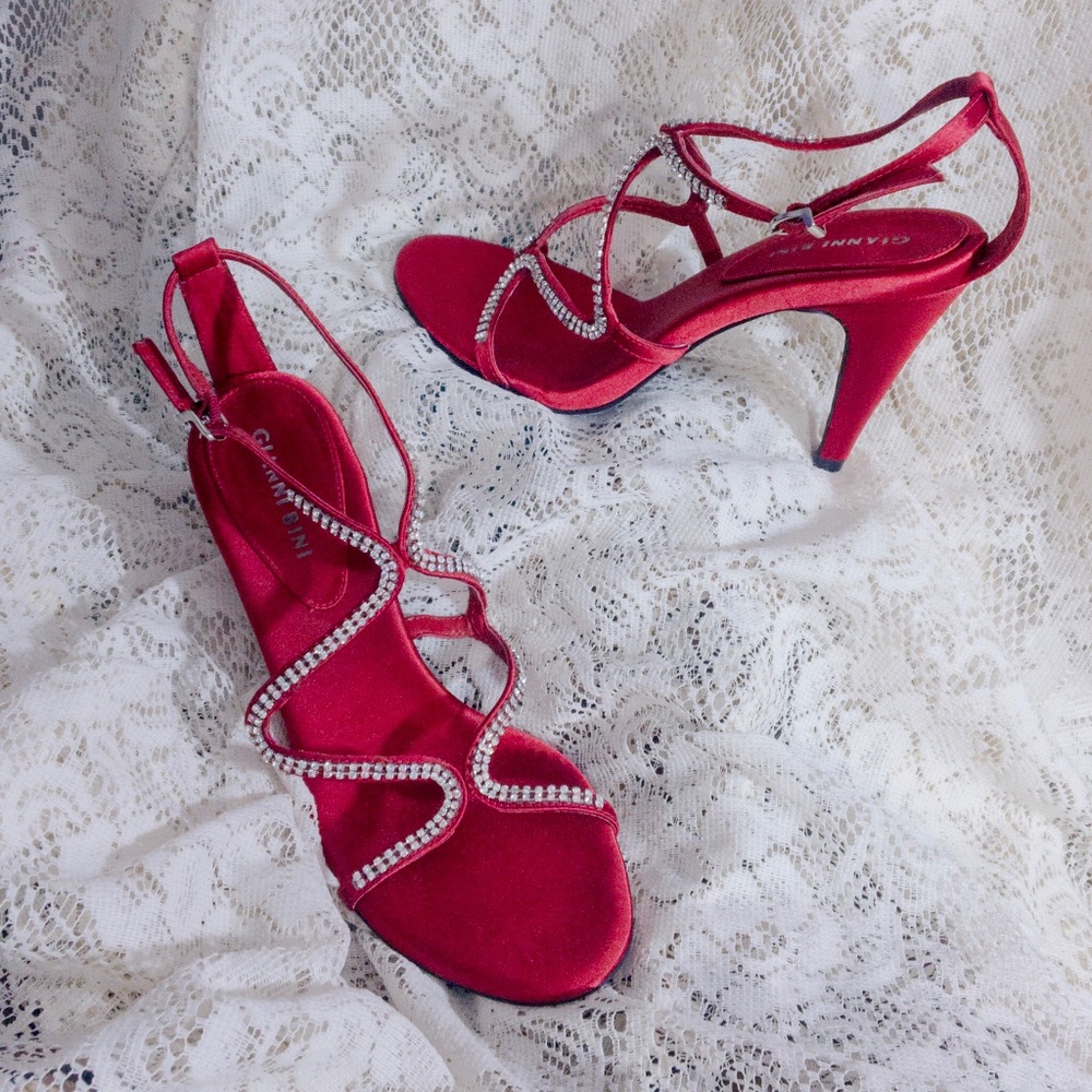Gianni Bini red satin heels with rhinestones